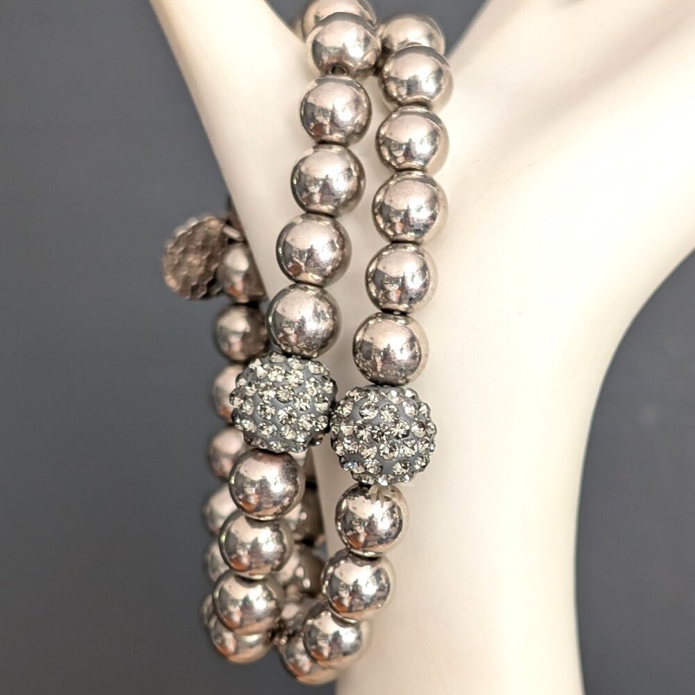Heavy mirrored silver bead ball stretch bracelets with blue gray cz accents